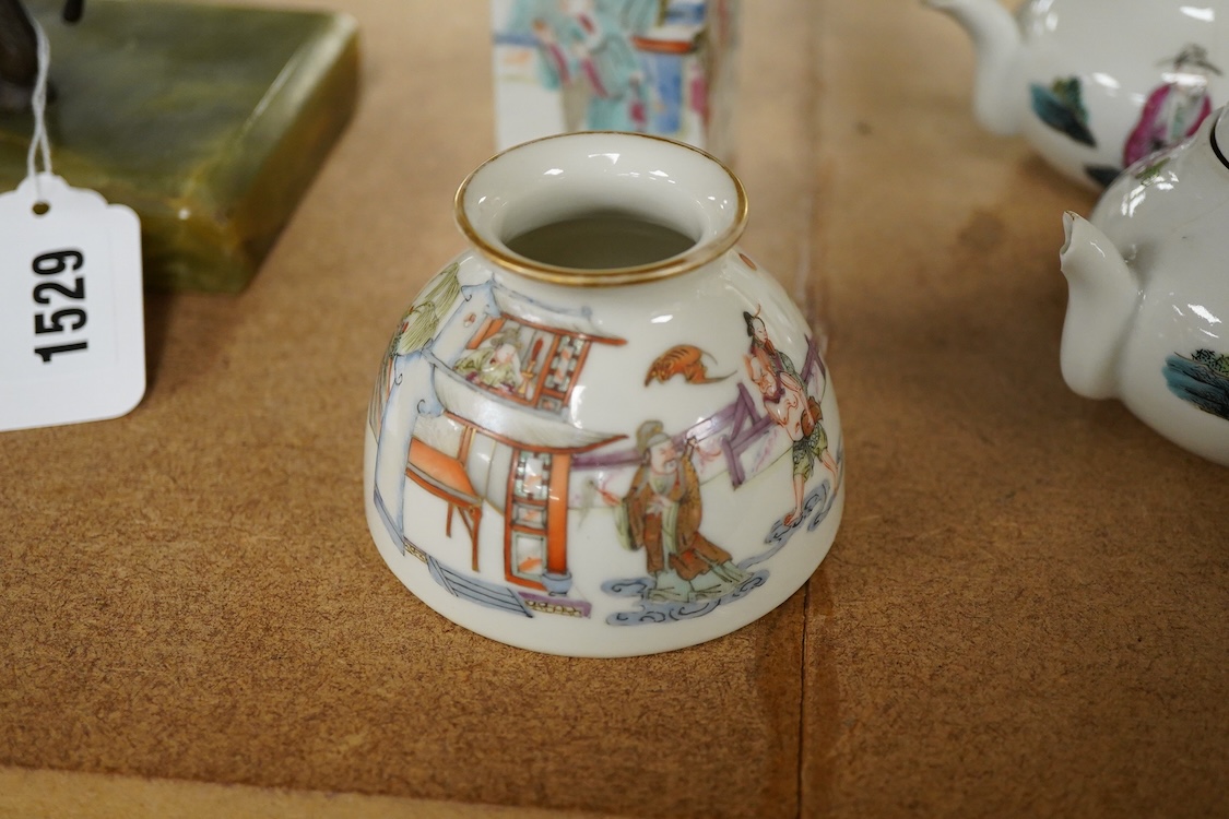 A collection of late 19th century Chinese famille wares to include a water pot, two teapots, and a square brushpot, together three Republic period tea bowls, largest 9cm high